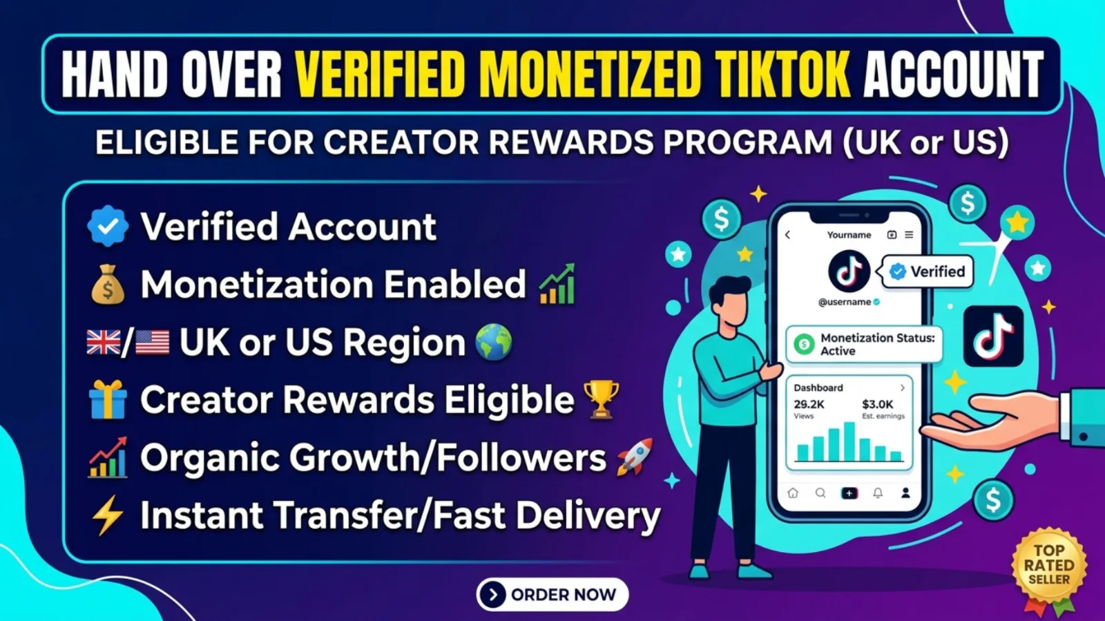 I will hand over a verified Monetized TikTok account (UK or US) eligible for Creator Rewards